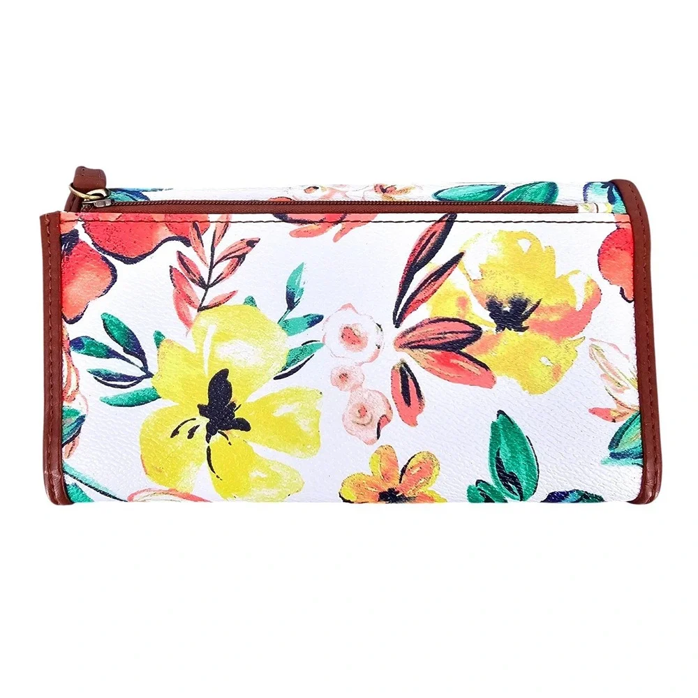 St Johns Bay Floral Continental Wallet White Yellow Blue Faux Leather Snap Flap